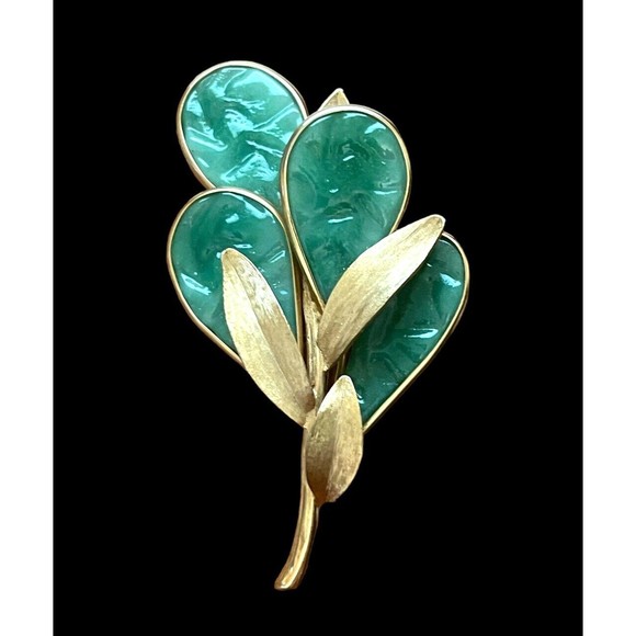 Vintage French Gripoix Brooch Mid Century Estate Poured Glass Leaves Iridescent - Picture 7 of 8